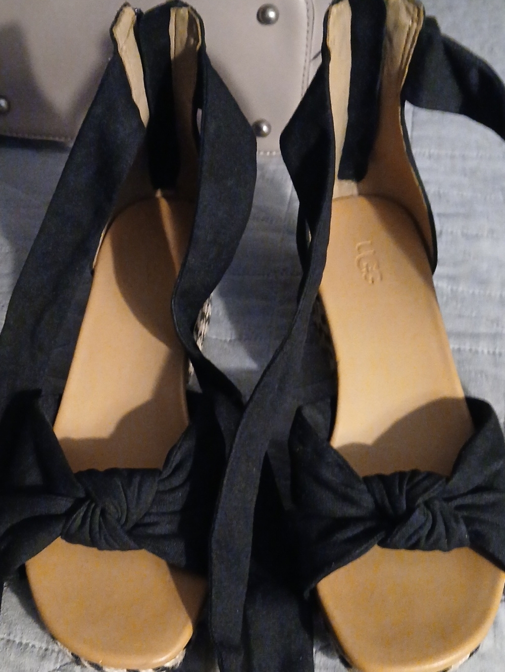 UGG Black Knot-Front Wedge Sandals with Ankle Wrap Tie